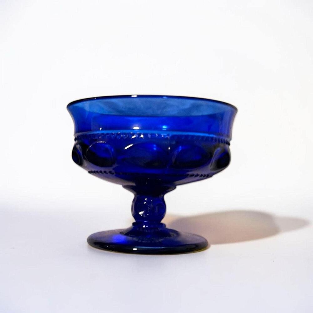 Vintage Cobalt Blue Pedestal Compote Bowl | Mid Century Pressed Glass Sherbet